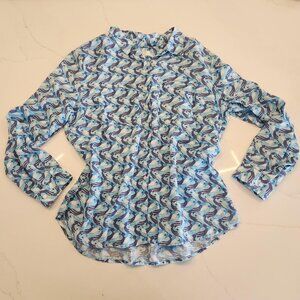 Charter Club Linen Sz Petite XL Top Women Birdseye AOP Coastal Button Blue